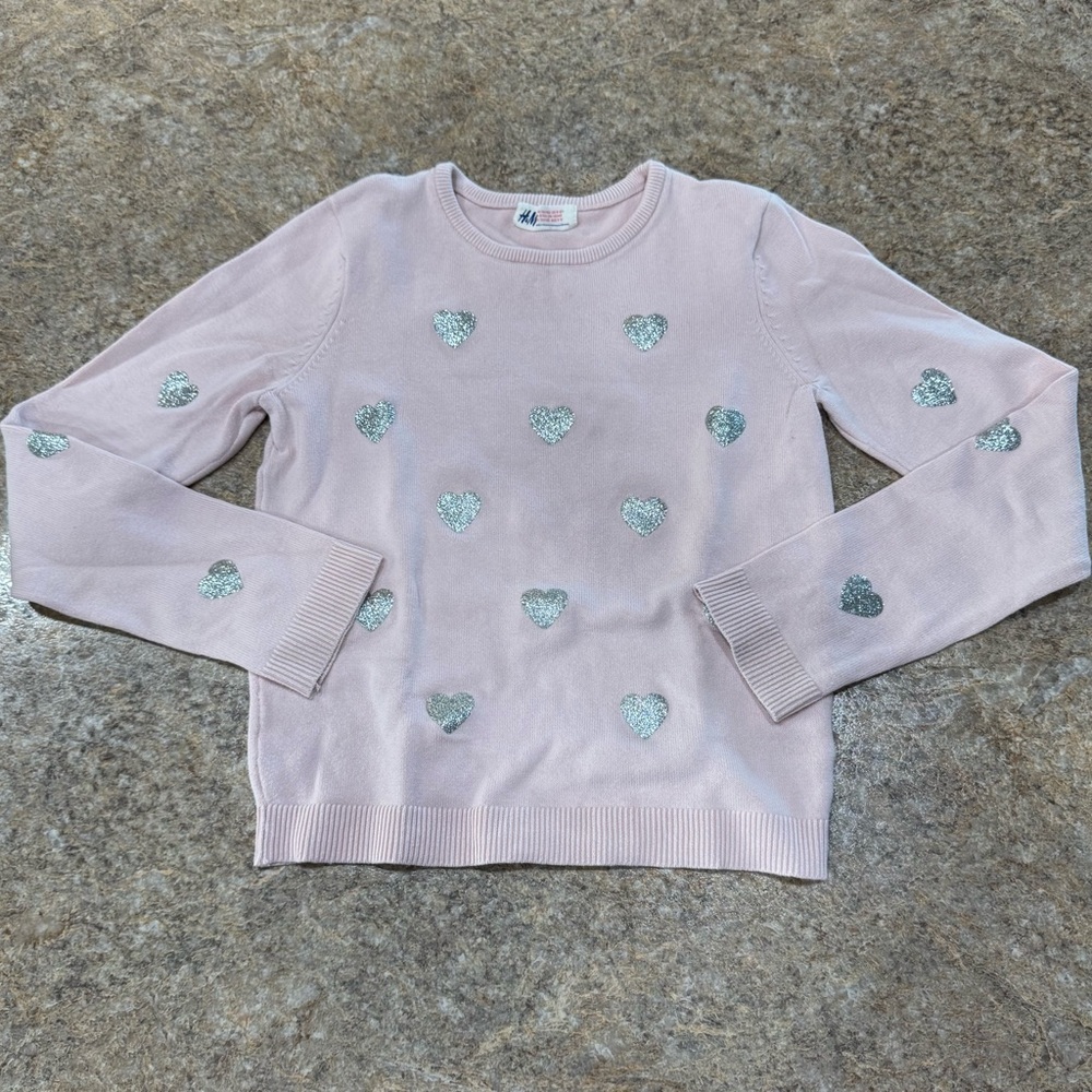 H&M Girls Light Pink Glitter Heart Sweater (US 8โ10Y)